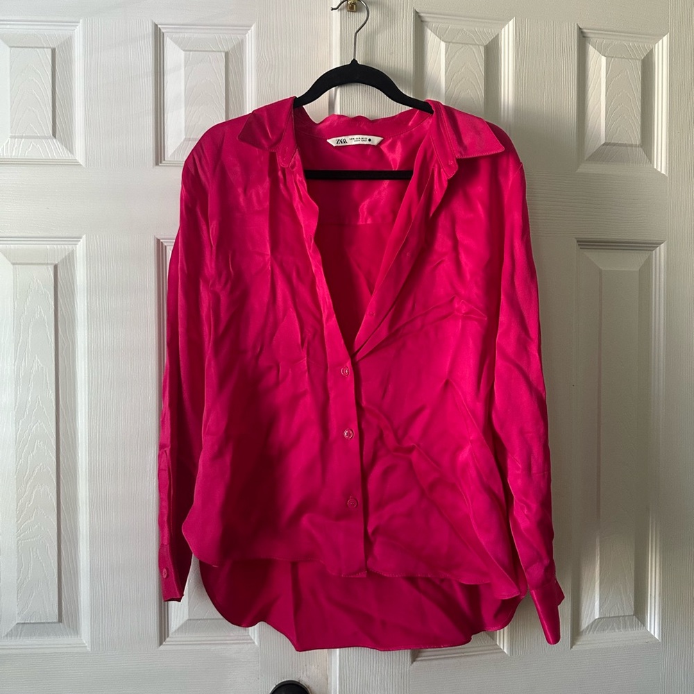 Zara Blouse "Barbiecore" Hot Pink Fuchsia Satin Effect Long Sleeve Shirt Size XL
